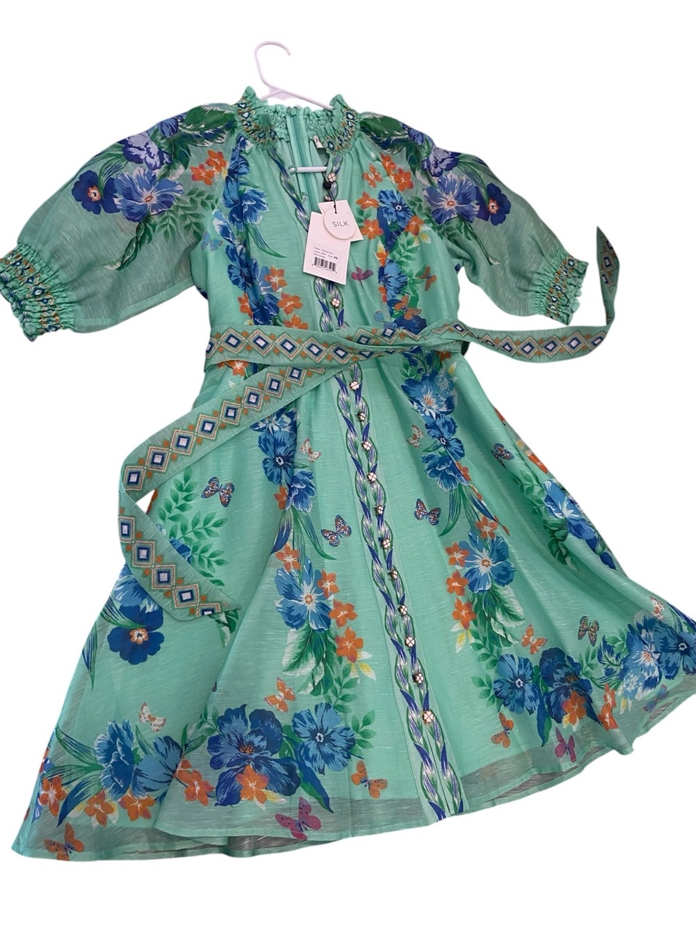 Womens Hale Bob NWT Silk Floral Belted Mint Green Dress